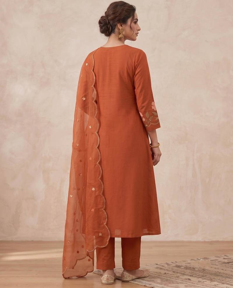  cotton designer orange anarkali kurti set with embroidery dupatta