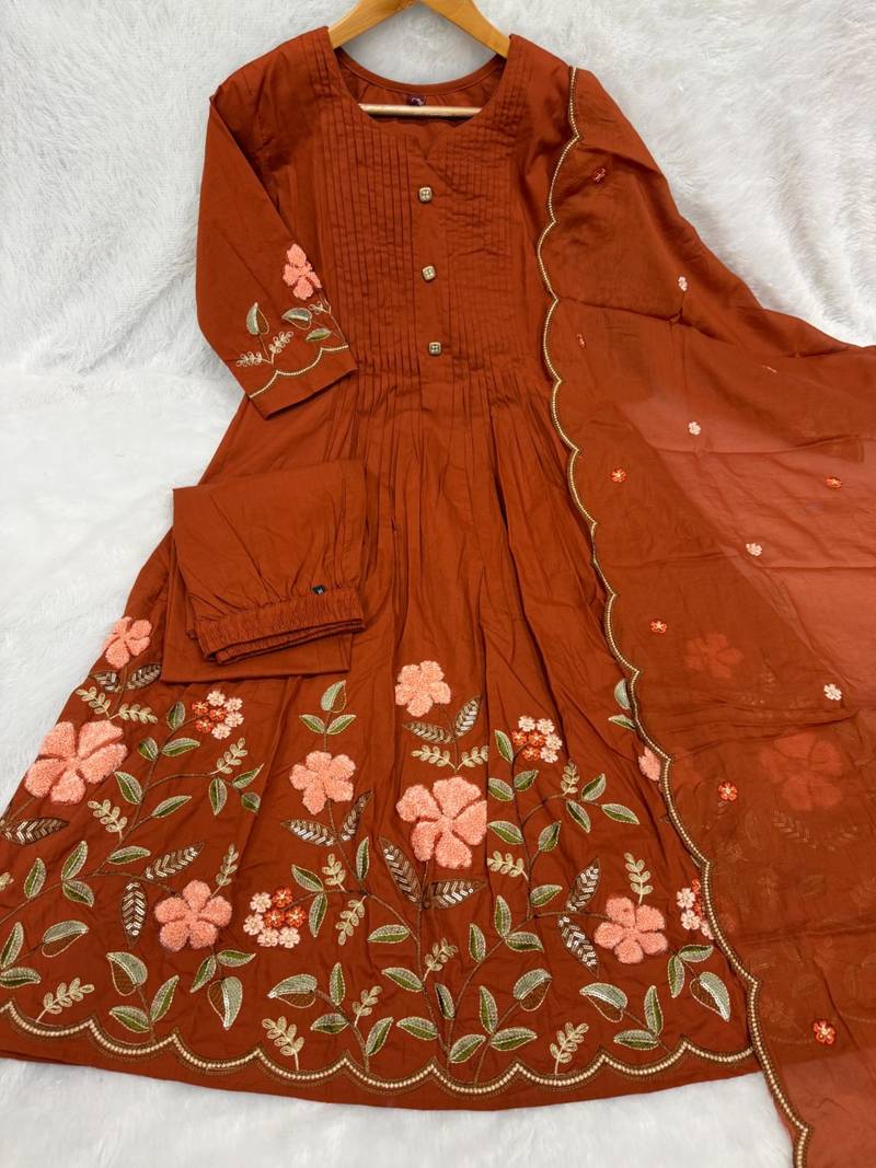  cotton designer orange anarkali kurti set with embroidery dupatta