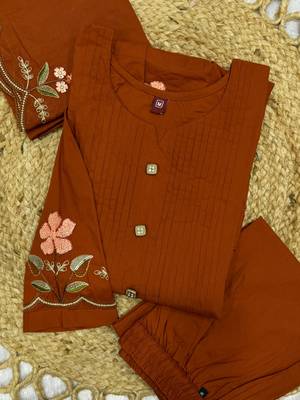  cotton designer orange anarkali kurti set with embroidery dupatta 4