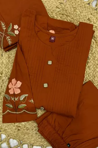  cotton designer orange anarkali kurti set with embroidery dupatta