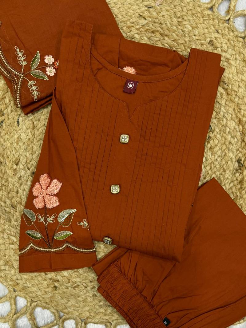  cotton designer orange anarkali kurti set with embroidery dupatta