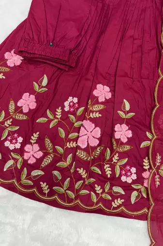  cotton designer rani anarkali kurti set with embroidery dupatta