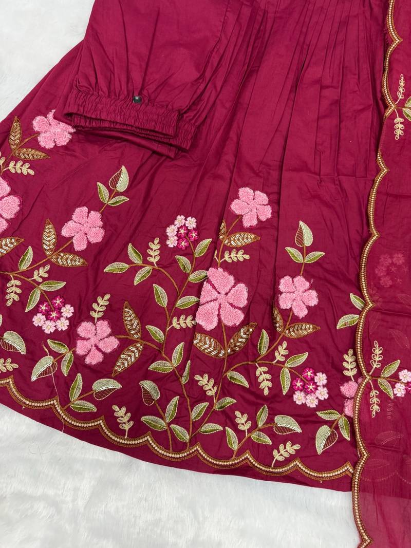  cotton designer rani anarkali kurti set with embroidery dupatta