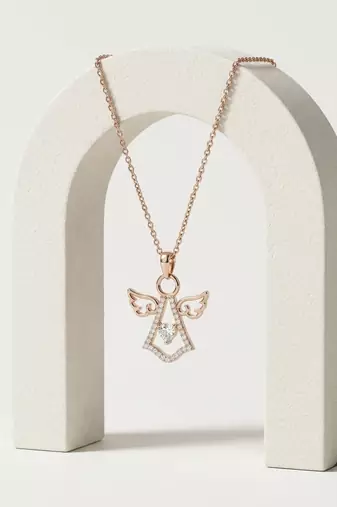 925 Sterling Silver Rose Gold CZ Angel Pendant Necklace  Set for Women
