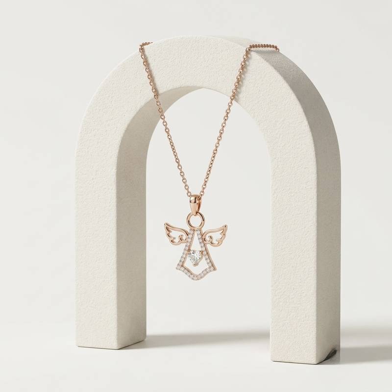 925 Sterling Silver Rose Gold CZ Angel Pendant Necklace  Set for Women