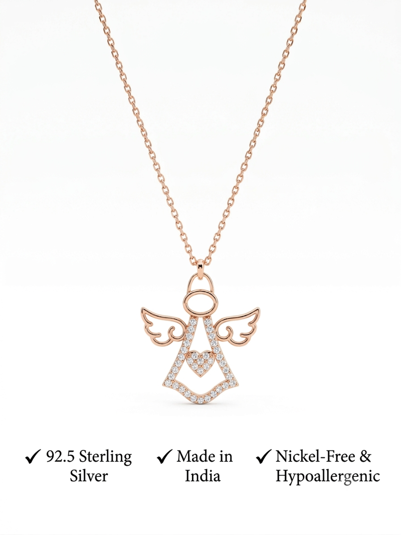 925 Sterling Silver Rose Gold CZ Angel Pendant Necklace  Set for Women