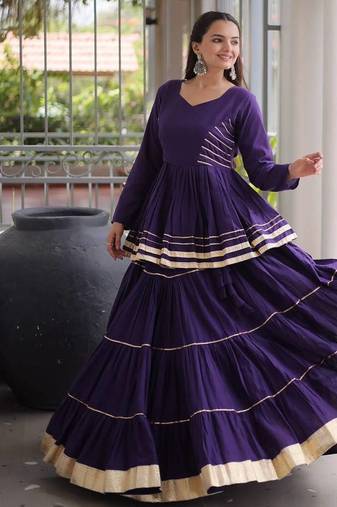 NAVRATRI WEAR PURPLE COLOR CORA COTTON GOTTA PATTI LACE WORK FREE SIZE LEHENGA WITH BLOUSE FULL-STITCHED