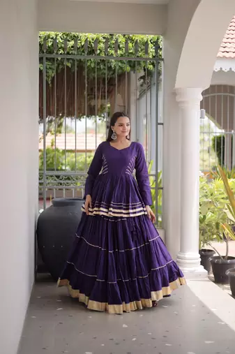 NAVRATRI WEAR PURPLE COLOR CORA COTTON GOTTA PATTI LACE WORK FREE SIZE LEHENGA WITH BLOUSE FULL-STITCHED