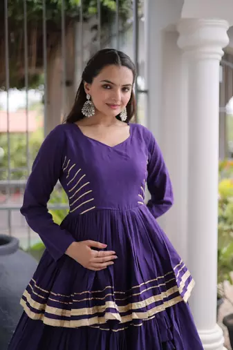 NAVRATRI WEAR PURPLE COLOR CORA COTTON GOTTA PATTI LACE WORK FREE SIZE LEHENGA WITH BLOUSE FULL-STITCHED