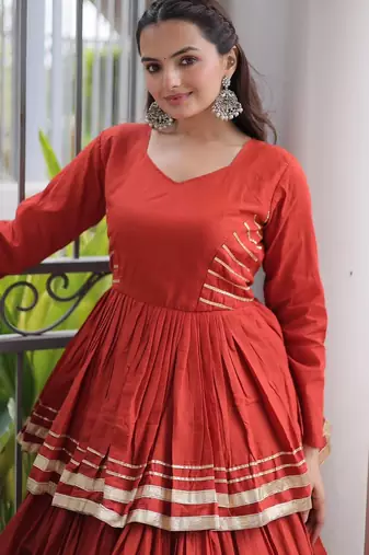 NAVRATRI RUST CORA COTTON GOTTA PATTI LACE WORK LEHENGA WITH BLOUSE 