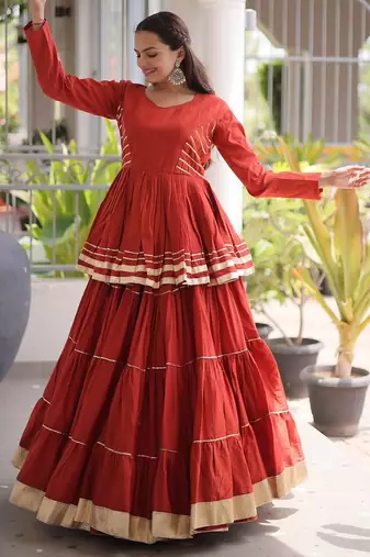 NAVRATRI RUST CORA COTTON GOTTA PATTI LACE WORK LEHENGA WITH BLOUSE 