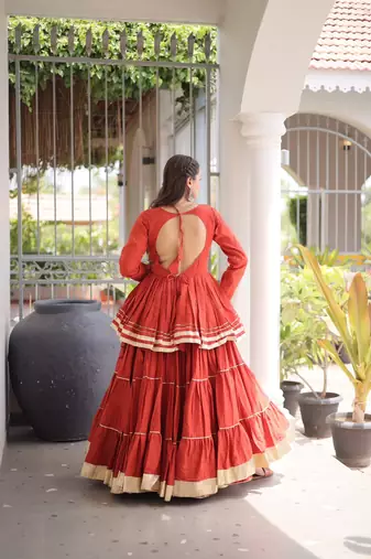 NAVRATRI RUST CORA COTTON GOTTA PATTI LACE WORK LEHENGA WITH BLOUSE 