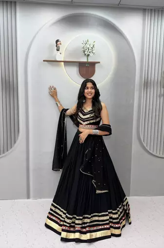 NAVRATRI BLACK COTTON GAMTHI & MIRROR LACE WORK LEHENGA SET