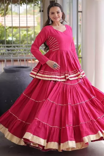 NAVRATRI RANI PINK CORA COTTON GOTTA PATTI LACE WORK LEHENGA WITH BLOUSE 