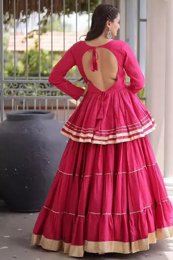 NAVRATRI RANI PINK CORA COTTON GOTTA PATTI LACE WORK LEHENGA WITH BLOUSE 
