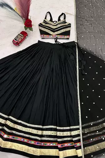 NAVRATRI BLACK COTTON GAMTHI & MIRROR LACE WORK LEHENGA SET