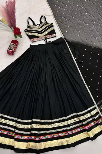NAVRATRI BLACK COTTON GAMTHI & MIRROR LACE WORK LEHENGA SET
