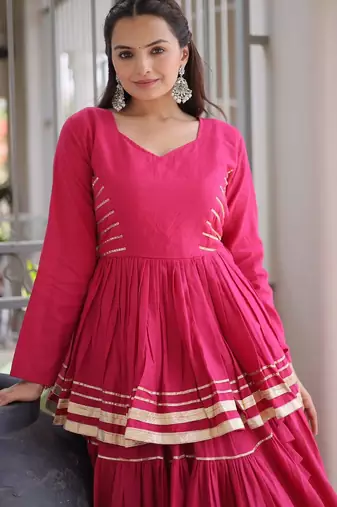 NAVRATRI RANI PINK CORA COTTON GOTTA PATTI LACE WORK LEHENGA WITH BLOUSE 