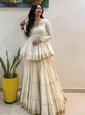 NAVRATRI WEAR WHITE COLOR COTTON SOLID LACE BORDER FLARED FREE SIZE STITCH LEHENGA & COTTON BLOUSE FULL STITCHED 1