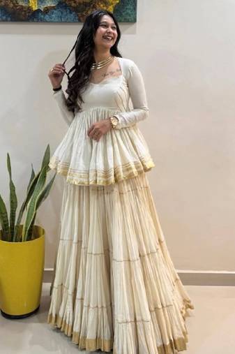 NAVRATRI WEAR WHITE COLOR COTTON SOLID LACE BORDER FLARED FREE SIZE STITCH LEHENGA & COTTON BLOUSE FULL STITCHED