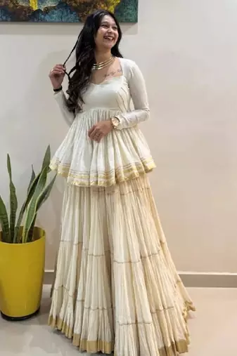 NAVRATRI WEAR WHITE COLOR COTTON SOLID LACE BORDER FLARED FREE SIZE STITCH LEHENGA & COTTON BLOUSE FULL STITCHED