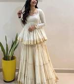 NAVRATRI WEAR WHITE COLOR COTTON SOLID LACE BORDER FLARED FREE SIZE STITCH LEHENGA & COTTON BLOUSE FULL STITCHED