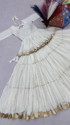 NAVRATRI WEAR WHITE COLOR COTTON SOLID LACE BORDER FLARED FREE SIZE STITCH LEHENGA & COTTON BLOUSE FULL STITCHED 3