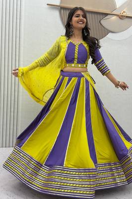 NAVRATRI WEAR YELLOW-PURPLE COLOR SOLID FLARED FREE SIZE STITCH LEHENGA SET FULL STITCHED 1