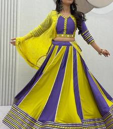 NAVRATRI WEAR YELLOW-PURPLE COLOR SOLID FLARED FREE SIZE STITCH LEHENGA SET FULL STITCHED