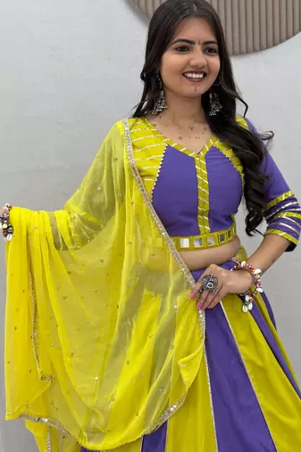 NAVRATRI WEAR YELLOW-PURPLE COLOR SOLID FLARED FREE SIZE STITCH LEHENGA SET FULL STITCHED