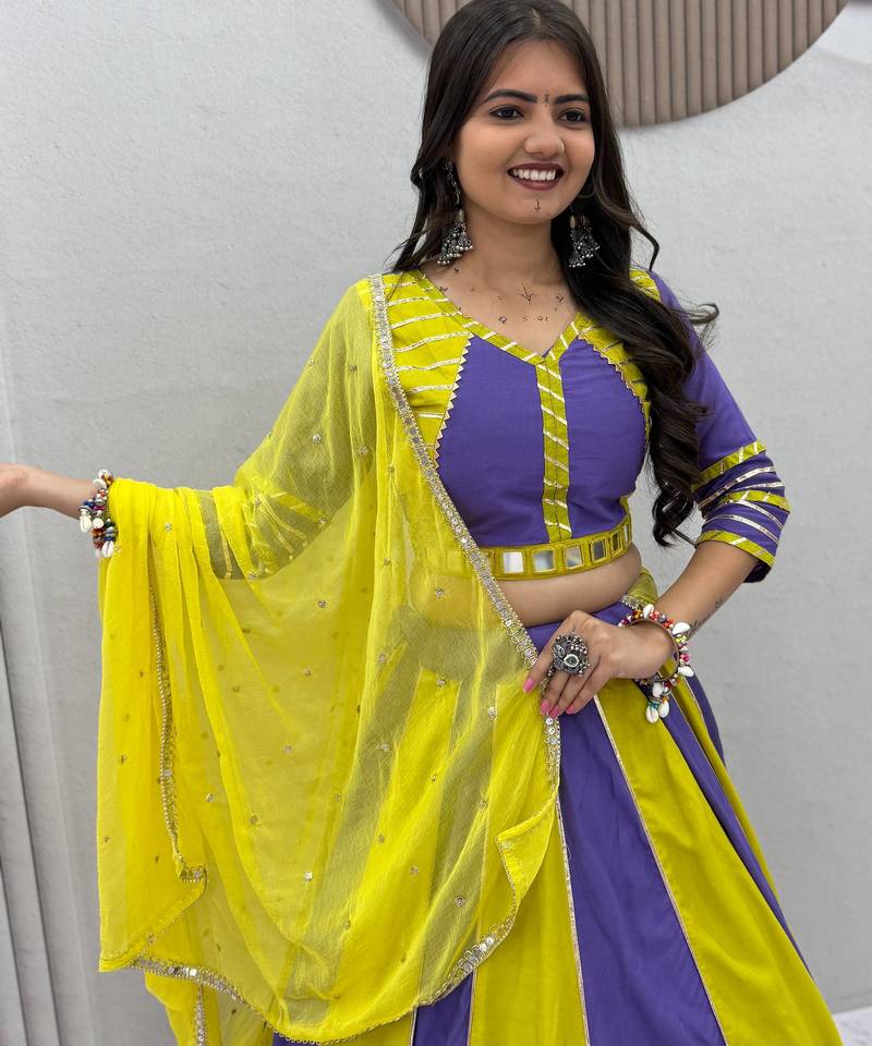 NAVRATRI WEAR YELLOW-PURPLE COLOR SOLID FLARED FREE SIZE STITCH LEHENGA SET FULL STITCHED