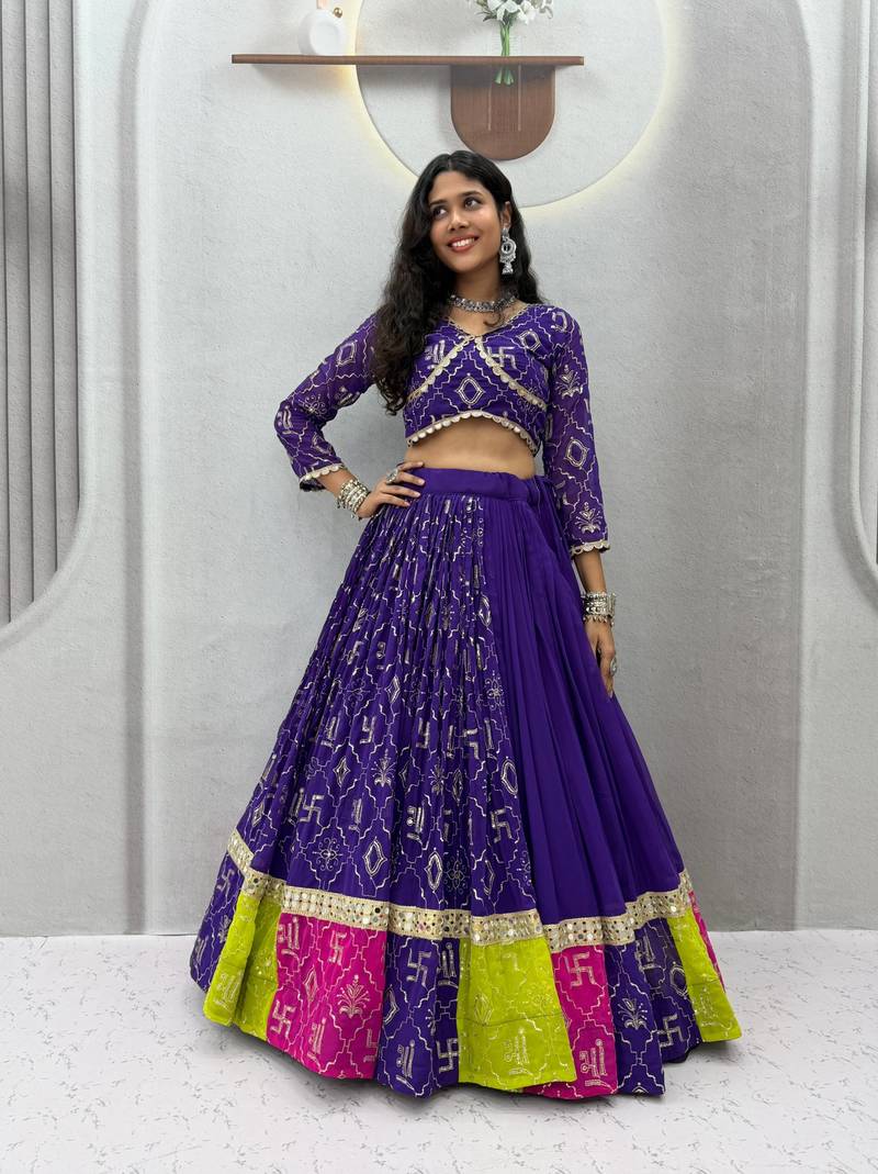 NAVRATRI BLUE FAUX GEORGETTE EMBROIDERED LEHENGA SET