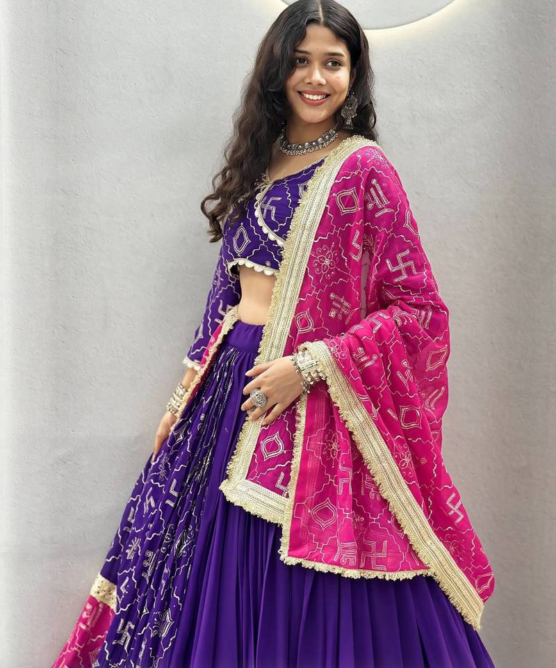 NAVRATRI BLUE FAUX GEORGETTE EMBROIDERED LEHENGA SET