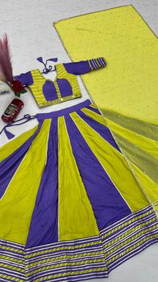NAVRATRI WEAR YELLOW-PURPLE COLOR SOLID FLARED FREE SIZE STITCH LEHENGA SET FULL STITCHED 4