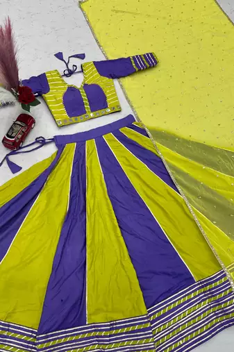 NAVRATRI WEAR YELLOW-PURPLE COLOR SOLID FLARED FREE SIZE STITCH LEHENGA SET FULL STITCHED