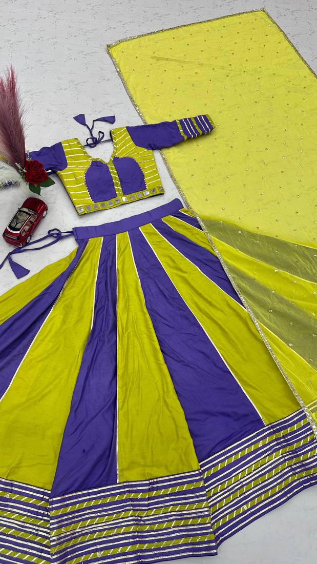 NAVRATRI WEAR YELLOW-PURPLE COLOR SOLID FLARED FREE SIZE STITCH LEHENGA SET FULL STITCHED