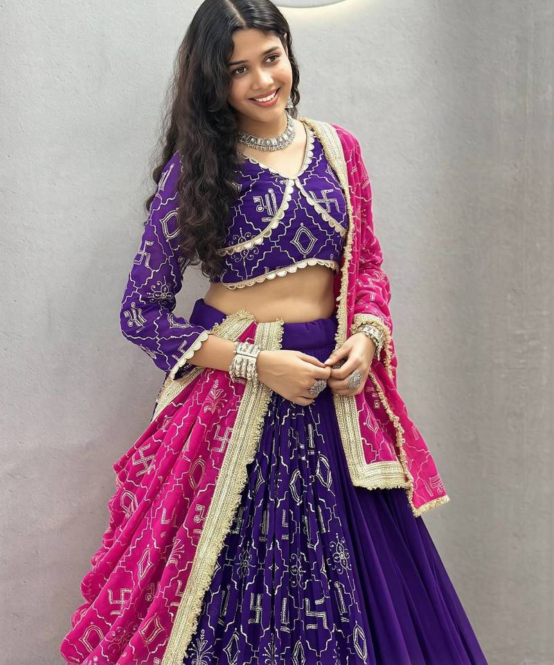 NAVRATRI BLUE FAUX GEORGETTE EMBROIDERED LEHENGA SET