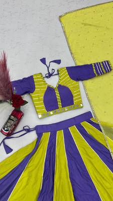 NAVRATRI WEAR YELLOW-PURPLE COLOR SOLID FLARED FREE SIZE STITCH LEHENGA SET FULL STITCHED 5