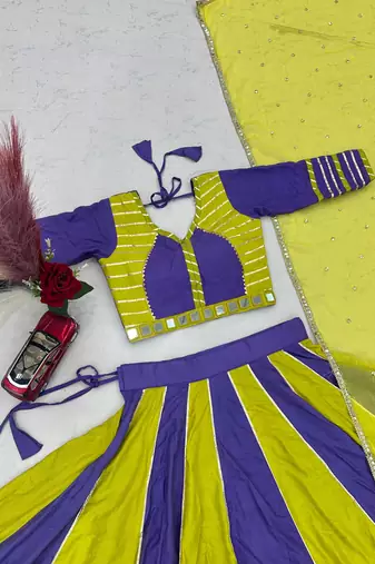 NAVRATRI WEAR YELLOW-PURPLE COLOR SOLID FLARED FREE SIZE STITCH LEHENGA SET FULL STITCHED