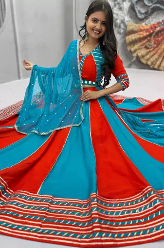 NAVRATRI RED-SKY SOLID FLARED LEHENGA WITH COTTON HANDWORK BLOUSE DUPATTA