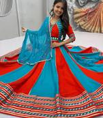 NAVRATRI RED-SKY SOLID FLARED LEHENGA WITH COTTON HANDWORK BLOUSE DUPATTA