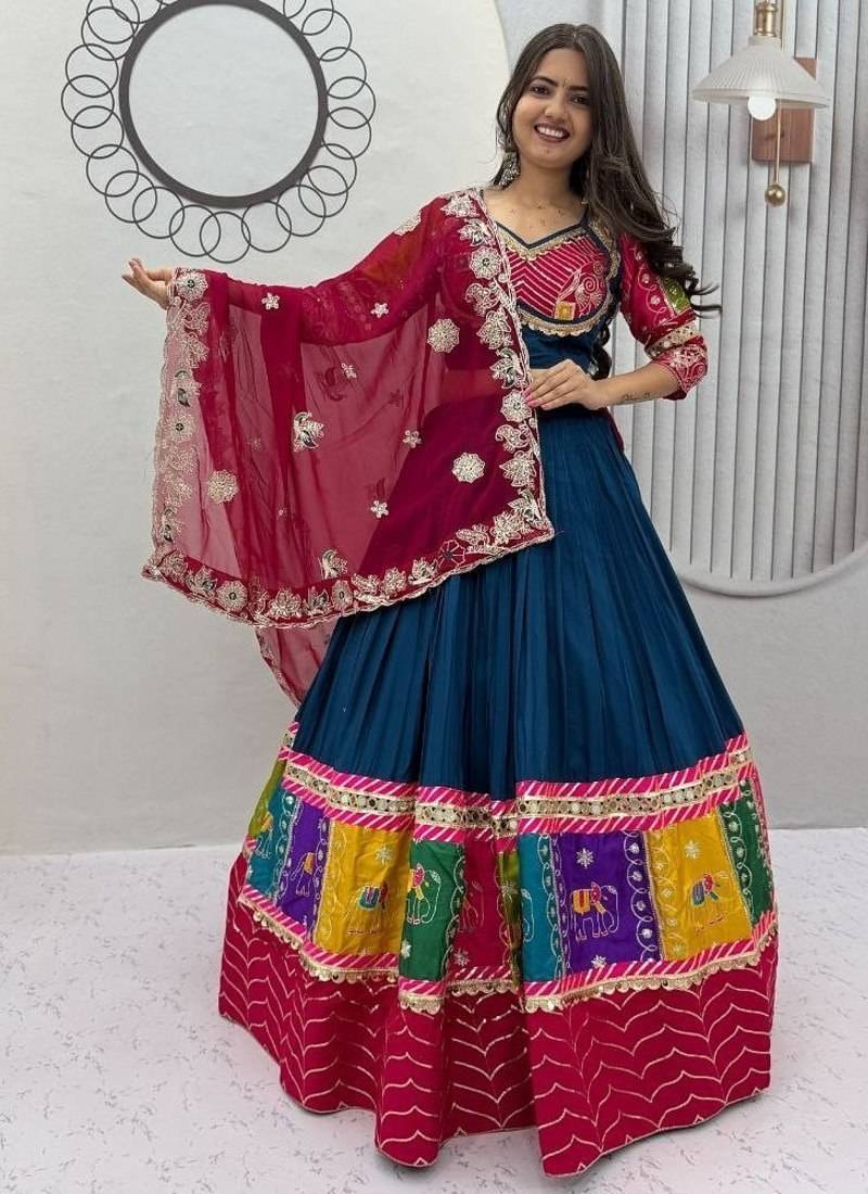 NAVRATRI BLUE COTTON EMBROIDERED LEHENGA SET
