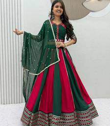 NAVRATRI RANI-GREEN SOLID FLARED LEHENGA WITH COTTON HANDWORK BLOUSE DUPATTA
