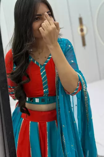 NAVRATRI RED-SKY SOLID FLARED LEHENGA WITH COTTON HANDWORK BLOUSE DUPATTA