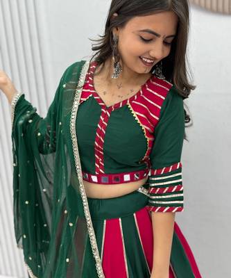 NAVRATRI RANI-GREEN SOLID FLARED LEHENGA WITH COTTON HANDWORK BLOUSE DUPATTA 2