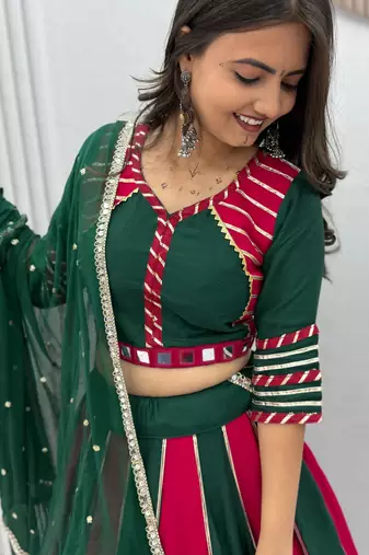 NAVRATRI RANI-GREEN SOLID FLARED LEHENGA WITH COTTON HANDWORK BLOUSE DUPATTA