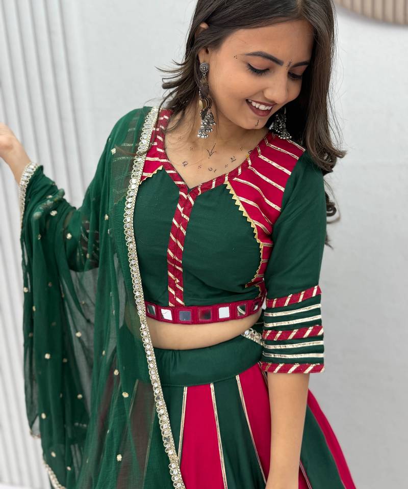 NAVRATRI RANI-GREEN SOLID FLARED LEHENGA WITH COTTON HANDWORK BLOUSE DUPATTA