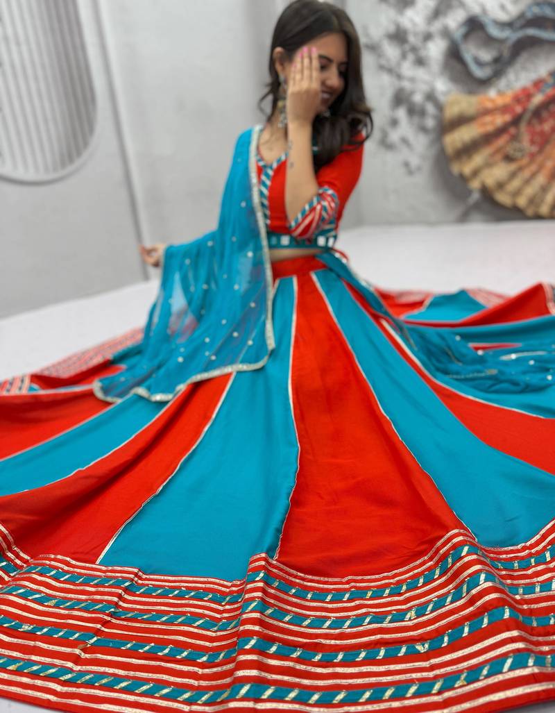 NAVRATRI RED-SKY SOLID FLARED LEHENGA WITH COTTON HANDWORK BLOUSE DUPATTA
