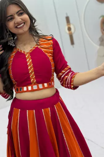 NAVRATRI RED-FENTA SOLID FLARED LEHENGA WITH COTTON HANDWORK BLOUSE DUPATTA