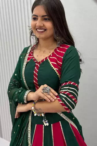 NAVRATRI RANI-GREEN SOLID FLARED LEHENGA WITH COTTON HANDWORK BLOUSE DUPATTA